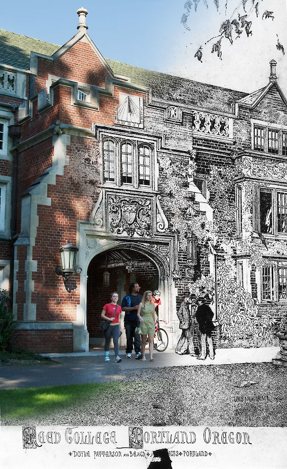A 1912 architect’s sketch of Reed College just before ground was broken. now and then. | © Matt Giraud Photography