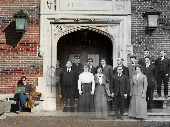 Yesterday and today photo merge: Reed College's first faculty in front of what is now Eliot Hall, in 1914. | © Matt Giraud Photography