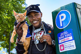 Moshow the Cat Rapper and Ravioli in a still from the Parking Kitty spot | © Matt Giraud Photography