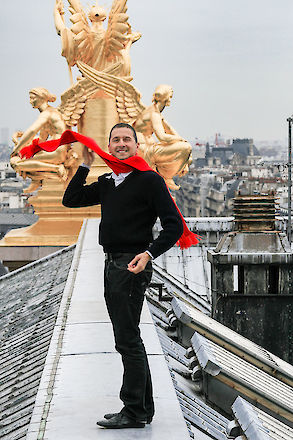 Jean-Michel casts his red scarf to the winds atop Palais Garnier Opéra, Paris, France | © Matt Giraud Photography