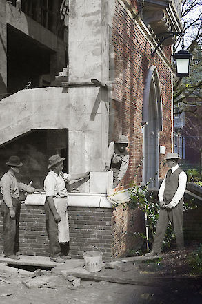 Stonemasons rough in the cornerstone of Eliot Hall before the actual ceremony in May, 1912. | © Matt Giraud Photography